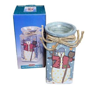 Christmas Delights Snowman Hand Painted Glass Votive Candle Holder NIB